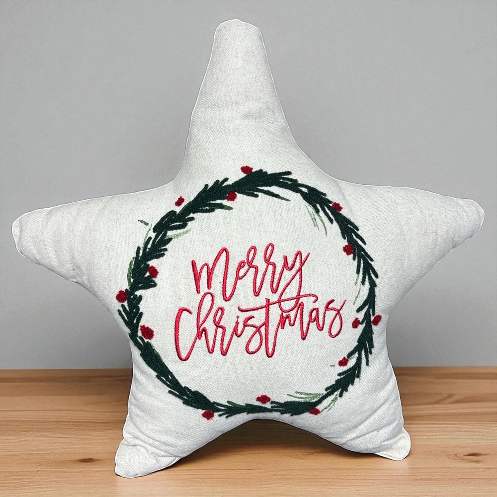Merry Christmas‎ Embroidered Holly Wreath Star Shaped Holiday Pillow